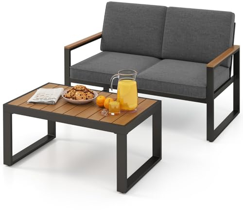COSTWAY Set da Giardino in Alluminio a 2 Pezzi, Set Tavolino e Poltrona da Giardino, Set da Conversazione da Esterno, Divano Sezionale Imbottito con Tavolino da Caffè, per Cortile Balcone