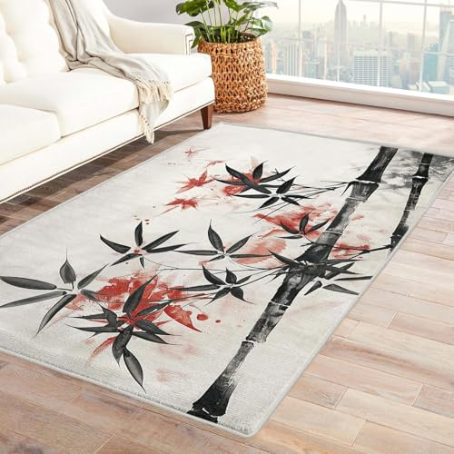 AUWUUA Tappeto con stampa di bambù con piante, 40 x 100 cm, tappeto cinese giapponese per camera da letto, soggiorno, corridoio, ingresso, piccolo tappeto in stile asiatico per interni, lavabile in