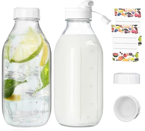 MEIMUCUL Smoothie Flasche, 2 Stück Milchflaschen mit Deckel,1 Liter Glasflaschen zum Befüllen,Wiederverwendbare Smoothie Gläser mit Deckel,Ideal für Saft, Milch,Milchshakes