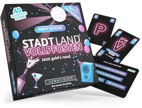 DENKRIESEN - Stadt Land Vollpfosten - Kortspelet - Party Edition - 'Jetzt geht's rund.' | Resespel | 240 kategorier | från 12 år | 3-6 spelare | Festspel | City Country River