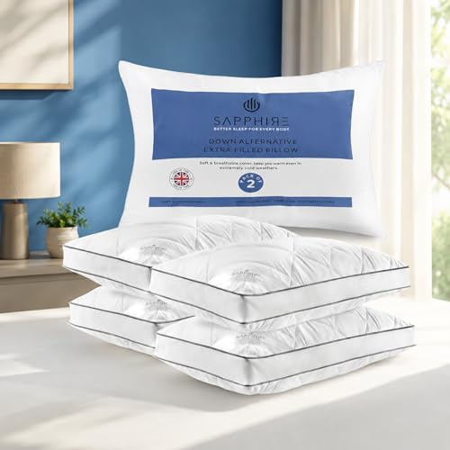 SAPPHIRE Hotel Quality Pillows 4 Pack – Soft & Supportive Side Sleeper Pillow with Microfibre Cover – Hypoallergenic, Dust Mite Resistant, Ideal for Back, Side & Stomach Sleepers (48 x 74 cm)