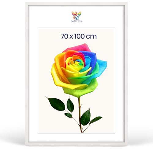 MG Design Cornice portafoto 70 x 100 cm – Cornice in legno Bianco con vetro acrilico infrangibile, verticale e orizzontale con fissaggio a parete rinforzato