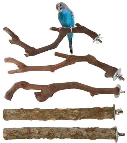 Perchas para Aves | 5 Piezas Juguetes de Madera para Descansar y Jugar - Barras de Posadero - para Loros Cotorras y Periquitos