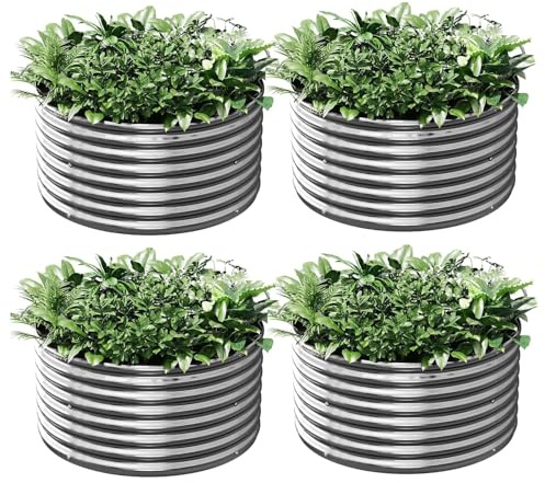 GROVELEAF Juego de 4 maceteros de 60 x 60 cm, redondos, galvanizados, para exteriores, bancal alto de metal para verduras, bancal alto de acero para jardín, arriate de jardín para flores