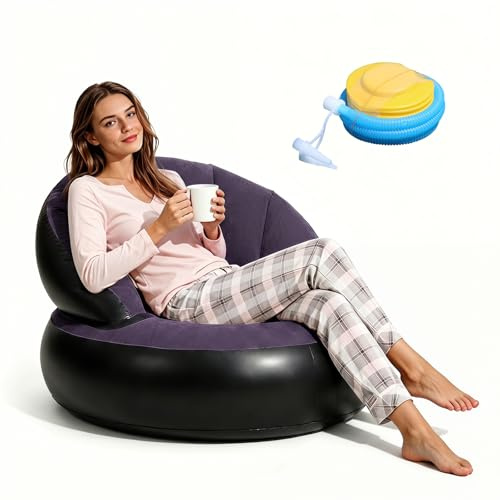 Uppblåsbar soffa med fotpump, uppblåsbar luftsoffa, 77 × 77 × 58 cm, uppblåsbar soffa, flockad, uppblåsbar fåtölj för vardagsrum, balkong, trädgård, camping, utomhus, inomhus, soffa uppblåsbar