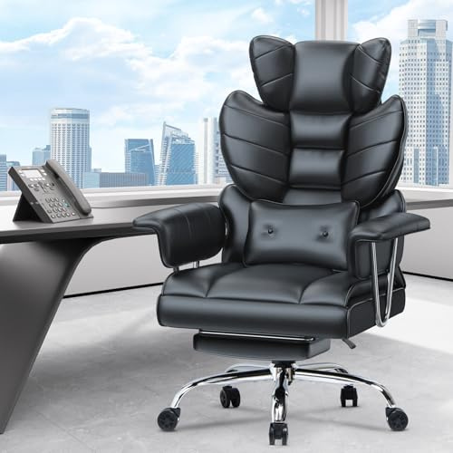 naspaluro High Back PU Leather Ergonomic Computer Recliner, Big Tall Executive Desk Office Chair with Armrests/Footrest, Comfy Heavy Duty Swivel Study Chairs, Adjustable Home Office Black Work Chair