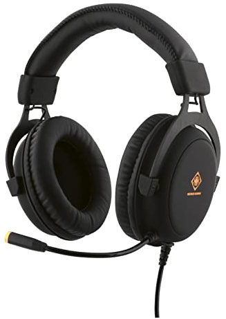 DELTACO GAMING Casque Gamer Son Stéréo, Éclairage LED Orange au Micro et Écouteurs, Contrôle du Son à l'Écouteur, Câble 2,10 m avec 3 Sorties (1 USB, 2 x 3,5 mm), Adaptateur 1 x 3,5 mm Inclus, Noir