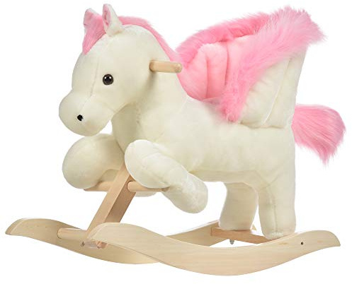 HOMCOM Cavallo a Dondolo Bianco e Rosa con Suoni e Struttura in Legno di Pioppo per Bambini 18-36 Mesi, 70x28x57cm