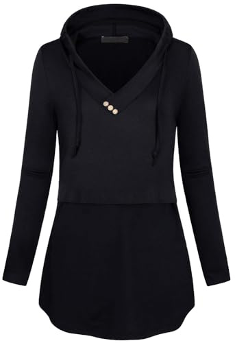 Quinee Pullover Sweatshirts for Women, Long Sleeve V Neck Hooded Nursing Shirt Solid Color Breastfeeding Top Ladies Fall Functional Maternity Clothes Black S