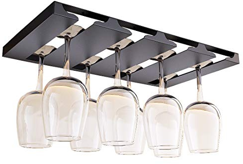 SIMVE Wine Glass Holder Under Shelf or Cabinet, Stainless Steel 16.5 Inch Stemware Rack, Glassware Drying Hanger, Metal Hanging Organizer for Bar Restaurant, Matte Black, 4 Row