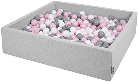 KiddyMoon Quadrat Bällebad Bällepool 120X30cm/200 Bälle ∅ 7Cm Eckig Ballgruben Für Babys Spielbad Kleinkinder, Hergestellt In Der EU, Hellgrau:Weiß-Grau-Puderrosa