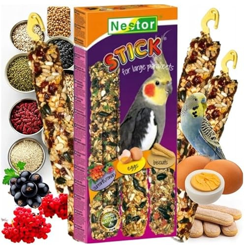3x Large Parakeets or Parrot CURRANTS/ROWAN/EGGS/BISCUITS 3in1 Sticks Parrots Canaries 175g Bird Food Budgie Cockatoo Treats Finches Cockatiel Snacks with Hooks