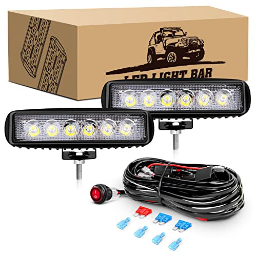 GOOACC 2 PCS 18w Spot Led Light Bar Work Light Pods Off Road Driving Light Fog Light Reverse Lights with 16AWG Off Road Wiring Harness-2 Leads for Truck Truck Boat SUV ATV, 2 Years Warranty