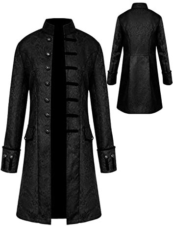 Halloween Kostüm Herren Steampunk Mantel, Männer Gothic Mittelalter Karneval Jacke, Viktorianischen Gehrock Uniform Smoking Retro Langer Button Kleidung(Schwarz,2XL)