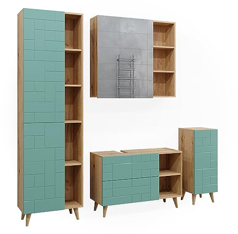 Vicco Badmöbel-Set Rudi, Badezimmerschrank-Set, Mintgrün/Eiche, 4 Teile, mit Hochschrank