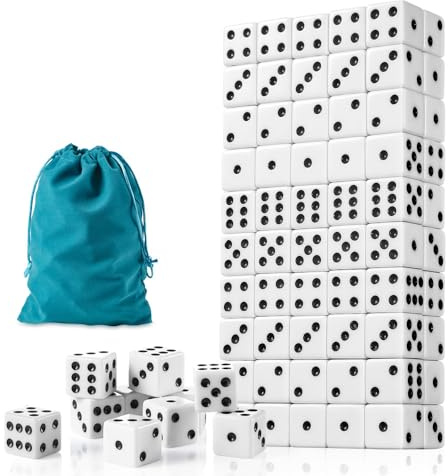 100 Pieces Dice Set, 16MM Standard Game White Dices, Opaque Six Sided Dice with Pouch, Black Dot Bulk White Dice for Group Event, Board Games, Classroom Math
