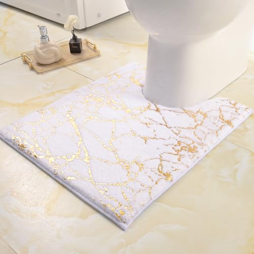 QJHOMO Badematte rutschfest Waschbar Badvorleger, WC Vorleger mit Ausschnitt Weiss Badezimmerteppich, Gold Deko WC Teppich Luxus Bad Accessoires, weich Mikrofaser saugstark Badteppich 50x50 cm