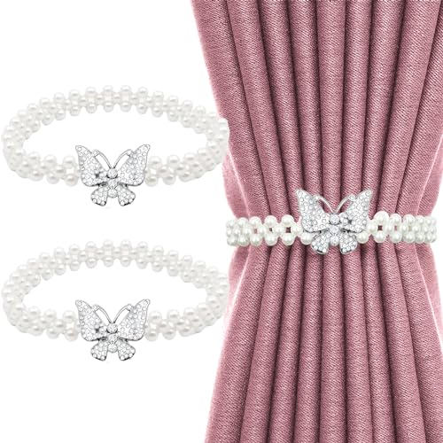 Vorhang Raffhalte zurück 2 Pcs Schmetterling Vorhang Clips, Perlenperle Schnallen Gardinen Raffhalter, frei einstellbar, geeignet für Haus, Hotel, Büro, keine Installation und keine Bohrung (Silber)