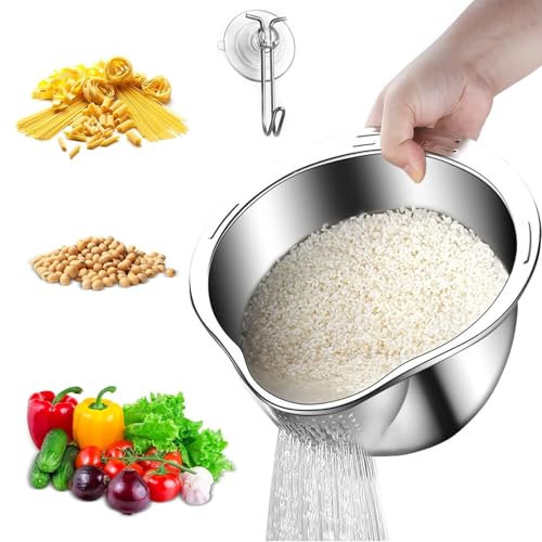 Reis Sieb Edelstahl Waschschüssel 24 cm Mit Seitenablauf - Für Quinoa, Obst, Nudeln, Gemüse, Linsen, Bohnen, Müsli - Küchensiebkorb
