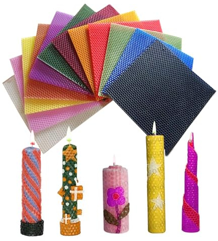 Editbar Lot de 12 bougies en cire d'abeille, 12 couleurs, plaques de cire d'abeille, pour bougies, 20 x 20 cm, pour fabriquer vos propres bougies, pour la fabrication de bougies, les travaux manuels,