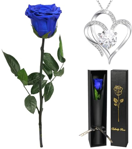 Yamonic Rosa Stabilizzata con Collana Regalo Donna, Vera Rosa Eterna con Steli Idee Regalo per Anniversario, Rosa Eterna Regalo Donna Compleanno, Natale San Valentino Regali per Lei