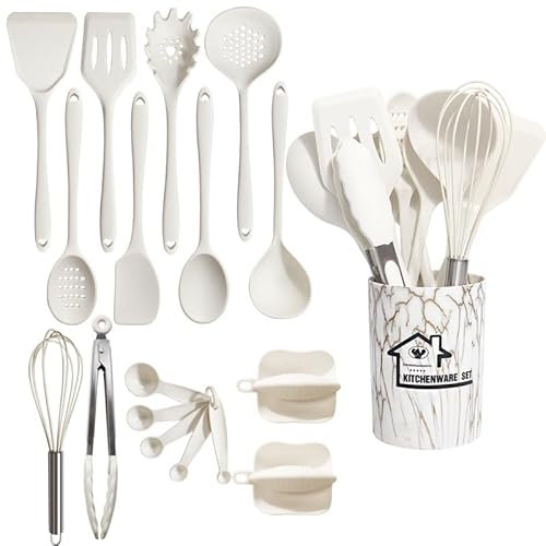 18 Ustensiles de Cuisine,Ustensiles de Cuisine en Silicone,Ensemble de Poêles Antiadhésives Résistantes à La Chaleur Haute Température avec Pot de Stockage. (Blanc)