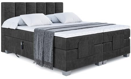 ALTDECOR Boxspringbett elektrisch verstellbar mit 2 Matratzen H4/Taschenfederung + Topper (4 cm hoch), Polsterbett mit Kopfteil, Bett, Doppelbett AMEL EL 140 x 200 Schwarz Casablanca