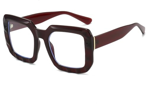 YAMEIZE Fyrkantiga blå ljus överdimensionerade glasögon för dam herr retro vintage stor ram, Mörkröd