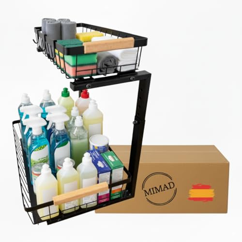 MIMAD Organizador Bajo Fregadero Multiusos Fácil de Montar PREMIUM | Organizador Cocina, Baño, Lavadero | Acero Carbono 2 Niveles, Cestas Extraíbles, Altura Ajustable y Forma de L | Hogar y cocina