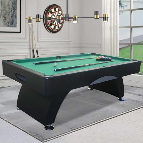 7FT Pool Table with Automatic Ball Return, Modern Arched-Leg Billiards Table with Durable Matte-Black Finish and Complete Accessories for Family Game Room & Recreation Space (Green)