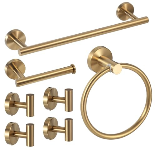 Vasphire Juego de 7 piezas de accesorios de baño de oro cepillado – Toalleros SUS para montaje en pared de baño, accesorios modernos que incluyen barra de toalla de 39,9 cm y anillo, soportes para