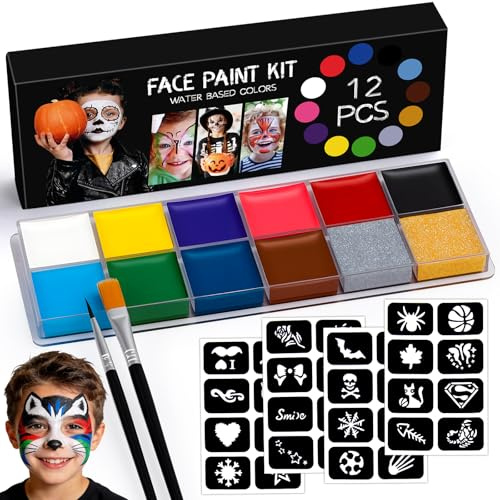 Truccabimbi Halloween Make Up 12 Colori Bambini Adulti | Kit Trucco Viso Makeup Pittura, Trucchi per Bambina Face Body Painting con 32 Stencil e 2 Pennelli per Cosplay Carnevale