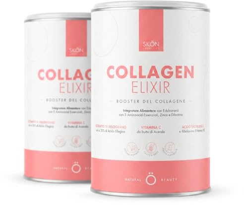 Skön Collagen Elixir - Integratore Collagene e Acido Ialuronico in Polvere con Vitamina C Biotina Niacina, Supporta la Produzione di Collagene - Integratore Capelli Unghie Pelle, 240gx2, Made in Italy