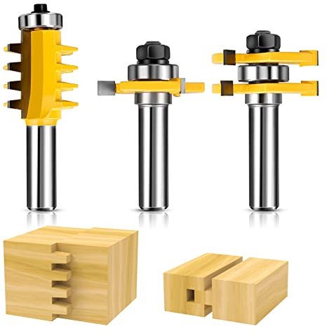 1/2-Inch Shank Tongue and Groove Router Bits Set & Reversible Finger Joint Router Bit, 3 Pack Router Bit Set, Woodworking Chisel Cutter for Density Boards, Solid Wood, MDF, Chipboard, Splints, Etc