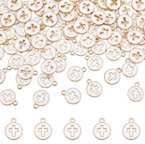 Arricraft 100 Dijes de Cruz Esmaltados Redondos Planos y Blancos Huecos, Crucifijos de Aleación para Manualidades de Pascua, Plástico