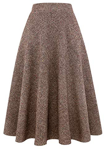 Womens Long Wool Plaid Skirts Aline High Waisted Warm Winter Skirts (Coffee, L)