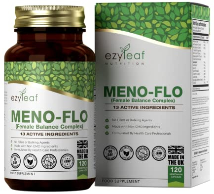 Ezyleaf Suplemento para la Menopausia con Hoja de Salvia, Agnus Castus, Trébol Rojo, Isoflavonas de Soja, Dong Quai 120 Cápsulas | Meno-Flo + Citrato de Magnesio, Ñame Silvestre y Ashwagandha