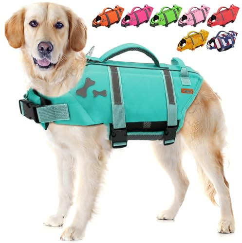EMUST Dog Life Jacket, Lightweight Dog Life Vests with 2 Rescue Handle, XXL | Pet Safety Swimsuit Preserver for Large Dogs for Swimming Pool Beach Boating, Turquoise