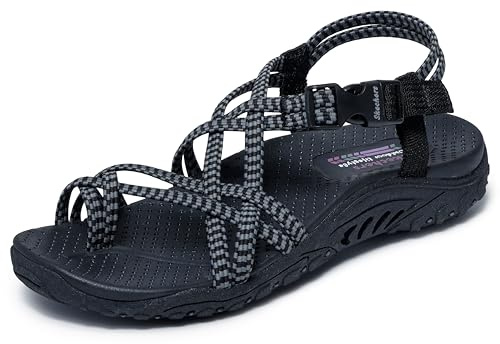 Skechers Women's REGGAE - PERFECT DUO sporty outdoor sandal, Black/Gray 8 M