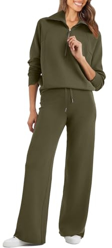 Glamaker Women 2 Piece Sweatshirt Set Oversized Half Zip Sweatshirt Wide Leg Lounge Set Tracksuit, Green (Army Green), XL