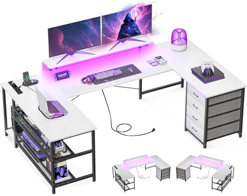 ODK Eckschreibtisch mit 4 Schubladen&Stauraum, 167×102cm Reversible Eckschreibtisch mit 2 Steckdosen und 2 USB Ladeanschluss, Gaming Schreibtisch mit LED&Monitorständer für Home Office, Weiß