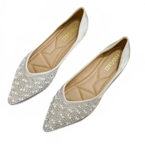 Amtopiyo Femmes Strass Brillant Ballerines Mode Bout Pointu Perle Chaussures de Mariage, beige, 42 EU