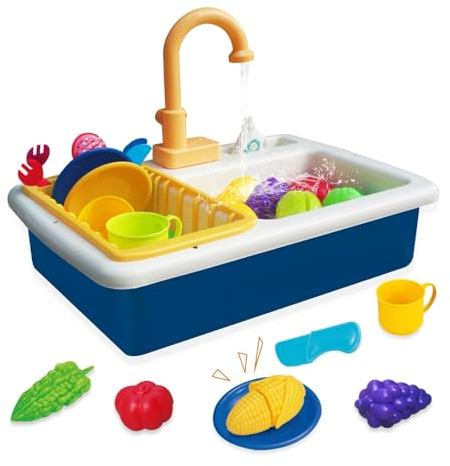 Küchenspüle Spielzeug Set mit Wasserkreislauf, Spielspüle Kinder mit Fließendem Wasser, Matschküche Kinderküche Zubehör, Obst und Gemüse Spielzeug, Rollenspiel für Jungen und Mädchen ab 3 Jahre (Blau)