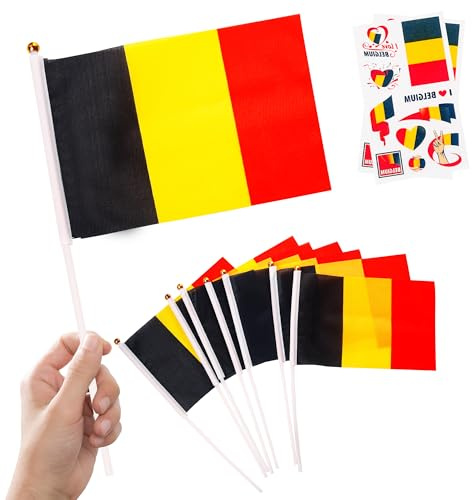 10pcs Small Belgium Flags on Sticks & 2pcs Tattoos, Belgium Flags Hand Held Flags foFootball Sports Events National Day Party Decorations