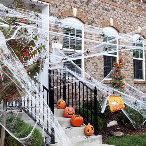 OWill 400g Halloween Giant Spider Web Decoration Cover 2000 Sqft, 400g Cobweb and 50pcs Spider Ornament Outdoor Stretchable Fake Cobweb Decoration