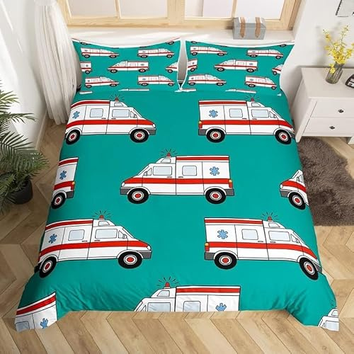 Homemissing Ambulance Bedding Duvet Cover Single Kids Car Bedding Set Boys Girls Decor Cartoon Car Comforter Cover Set Microfiber Emergency Responder Vehicles Green Bedspread Cover 2Pcs
