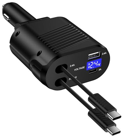 4 in 1 Retractable Fast Car Charger USB C, Type C Car Phone Charger Adapter Cigarette Lighter Accessories for Samsung Galaxy S25 S24 Ultra S23FE S22 S21 A14 A15 A34 A35 A54 A55 A56 5G, iPhone 17 16 15