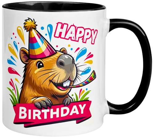 Capybara Geburtstagstasse | Happy Birthday | Geschenk Mann Frau Neutral | Geburtstagsgeschenk ohne Zahl Männer Frauen | Party Kaffeebecher | Geburtstagsparty Dekoration
