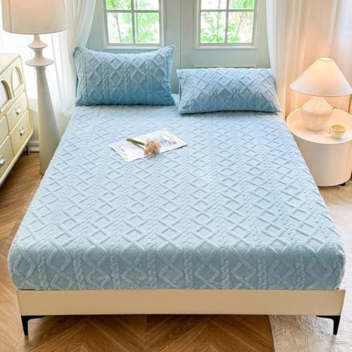 HAIBA Plüsch Spannbettlaken kuschel bettlaken 150 x 200 cm hellblau Betttuch aus weicher Flannel - Bettlaken wärmend mit 2 Kissenbezug