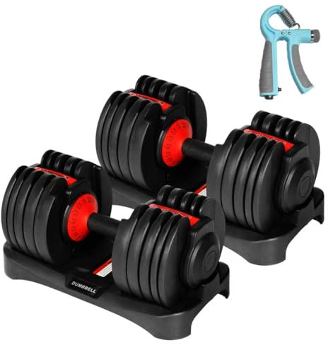 EIGFOH 48kg Mancuerna Ajustable,Pesas y Mancuernas,Mancuerna Cortas Ajustables,15 Niveles de Peso,Ajuste Rápido Ajuste Con Una Sola Pulsación,Juego de Mancuernas con Discos de Pesas (Dos 48kg)